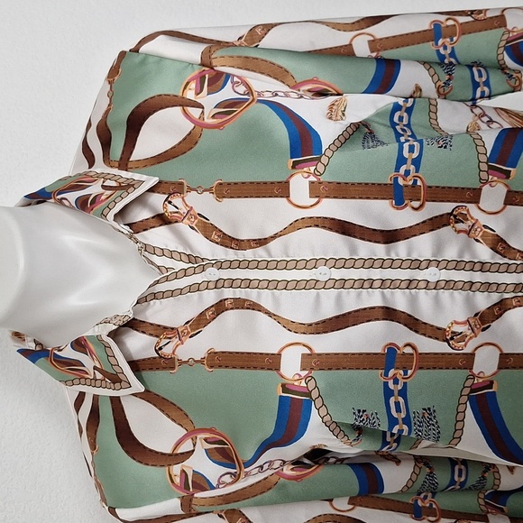 Her Bottari Sage Green Multicolor Western Chain Rope Button Down Blouse Size M - Picture 2 of 12